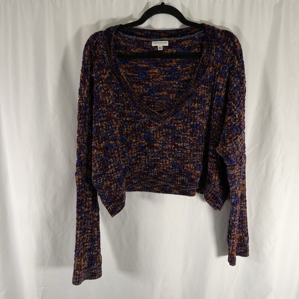 Earthbound Sweater Women's XL Brown Purple Knit Cropped Vneck Pullover